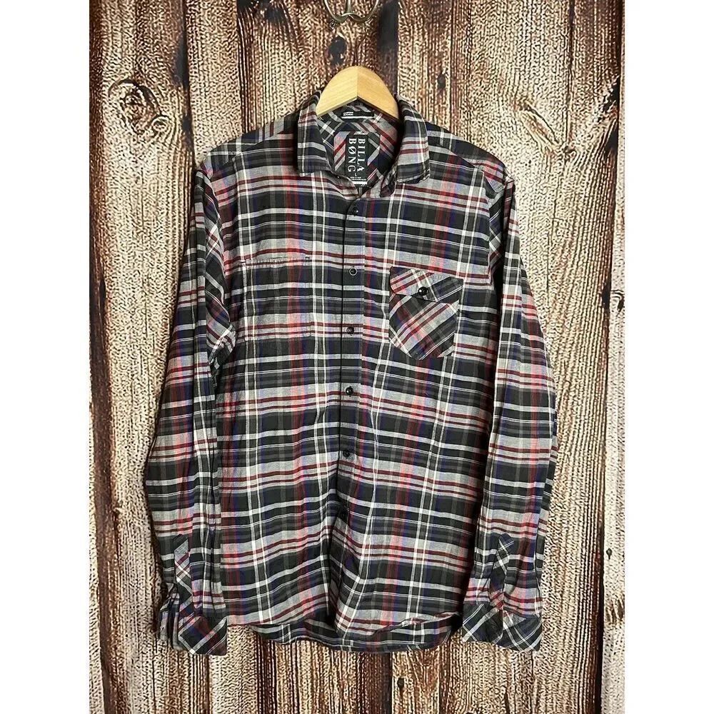 Billabong Tartan Flannel Long Sleeve Button Up Shirt Mens Size Large L Red Black